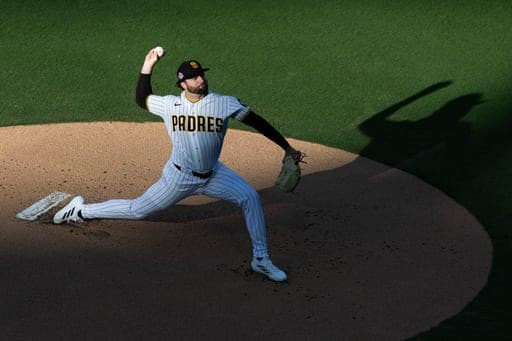 San Diego Padres starting pitcher Casey Mize works against a Minessota Twins batter in the first inning of a baseball game against Saturday, Aug. 22, 2026, in San Diego, Calif. (AP Photo/Karl Anderson) (AP Photo/Karl Anderson)