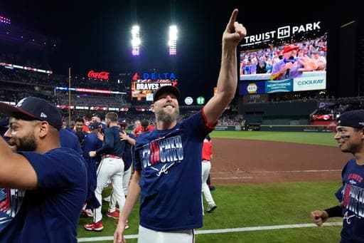 Atlanta Braves pitcher Chris Sale points ot the crowd after Game 3 of baseball's NL Wild Card Series against the Philadelphia Phillies, Thursday, Oct. 1, 2026, in Atlanta. (AP Photo/Brynn Anderson) (AP Photo/Brynn Anderson)