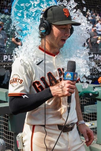 San Francisco Giants third baseman Shay Whitcomb is doused with Gatorade after the Giants beat the St. Louis Cardinals in a baseball game in San Francisco, Wednesday, Sept. 9, 2026. (AP Photo/Nic Coury) (AP Photo/Nic Coury)