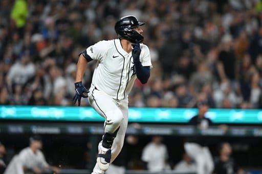 Detroit Tigers' Riley Greene watches after hitting an RBI triple during the sixth inning of a baseball game against the Colorado Rockies, Friday, Sept. 11, 2026, in Detroit. (AP Photo/Jose Juarez) (AP Photo/Jose Juarez)