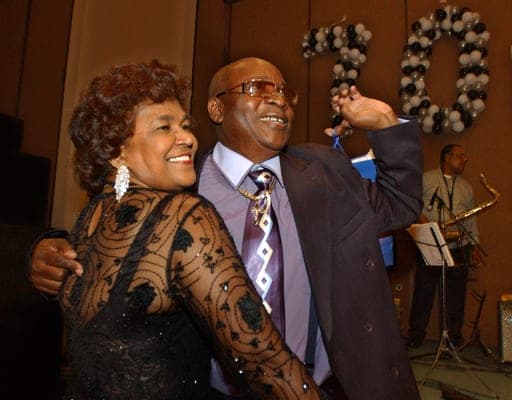 FILE - Calypso star, Slinger Francisco, otherwise known as 'The Mighty Sparrow,' right, celebrates his 70th birthday dancing calypso with Caribbean community leader Jean Alexander at a reception in his honor in the Brooklyn borough of New York, July 29, 2005. (AP Photo/Jennifer Szymaszek, File) (AP Photo/Jennifer Szymaszek)