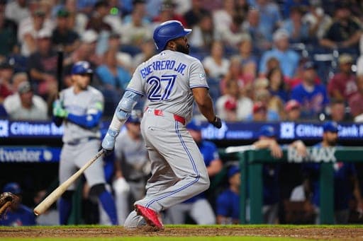 Toronto Blue Jays' Vladimir Guerrero Jr. in action during a baseball game against the Philadelphia Phillies, Saturday, Aug. 8, 2026, in Philadelphia. (AP Photo/Derik Hamilton) (AP Photo/Derik Hamilton)