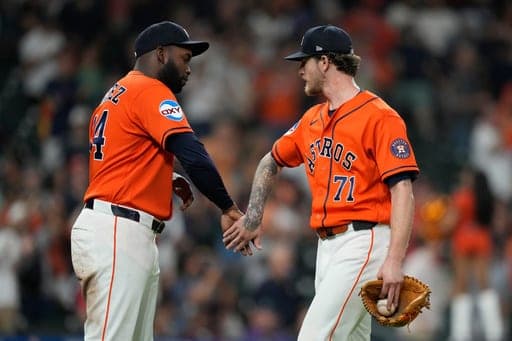 Houston Astros pitcher Josh Hader (71) celebrates with designated hitter Yordan Alvarez (44) after winning a baseball game against the Arizona Diamondbacks in Houston, Friday, Sept. 4, 2026. (AP Photo/Ashley Landis) (AP Photo/Ashley Landis)