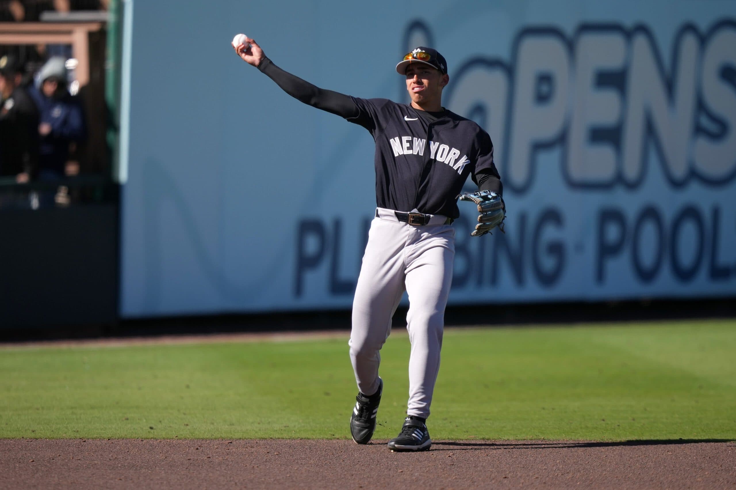 New York Yankees' George Lombard Jr. plays during a spring training baseball game, Monday, Feb. 23, 2026, in Bradenton. (AP Photo/Matt Slocum)