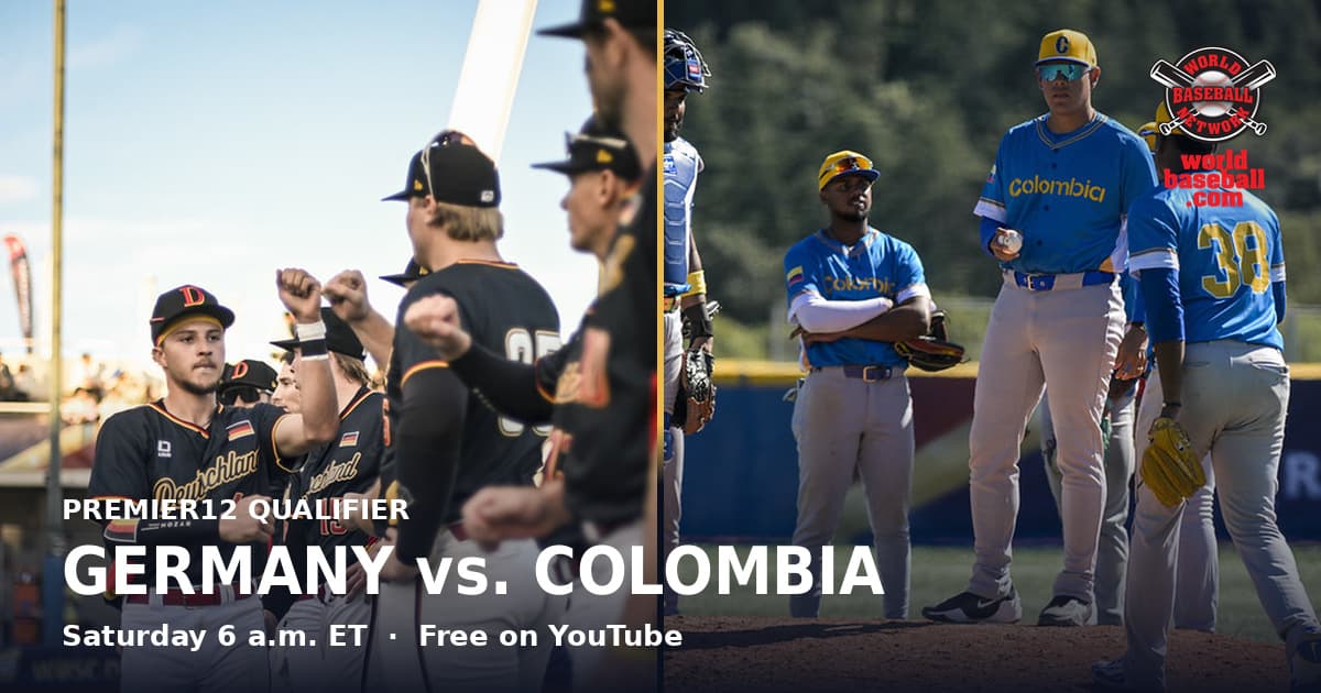 A split image of Germany players at the dugout on the left and a Colombia mound visit on the right, both from Friday’s games at the Premier12 Barcelona Qualifier.