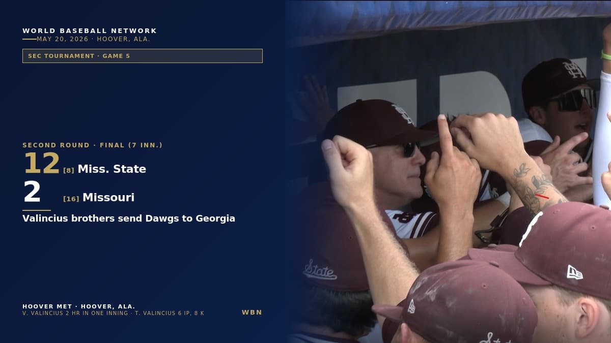Mississippi State 12, Missouri 2: Vytas Valincius Becomes First Player to Homer Twice in Same Inning at SEC Tournament