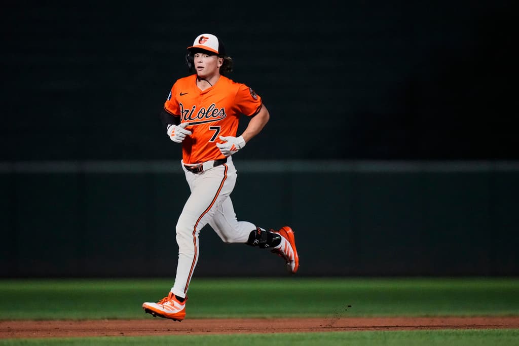 Title: Dodgers Orioles Baseball Image ID: 25250091343549 Article: Baltimore Orioles' Jackson Holliday (7) rounds the bases after hitting a home run during the ninth inning of a baseball game against the Los Angeles Dodgers, Saturday, Sept. 6, 2025, in Baltimore. (AP Photo/Stephanie Scarbrough)