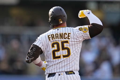 France homers, Sears wins season debut as Padres beat Braves 5-2 for 3-game sweep