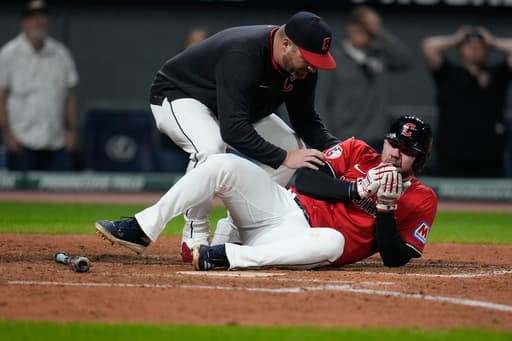 Guardians’ David Fry carted off field after being hit in face by pitch while trying to bunt