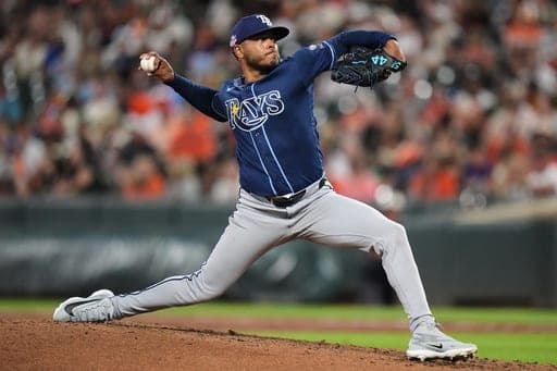 Tampa Bay Rays starting pitcher Freddy Peralta delivers during the third inning of a baseball game against the Baltimore Orioles, Friday, Aug. 21, 2026, in Baltimore. (AP Photo/Stephanie Scarbrough) (AP Photo/Stephanie Scarbrough)