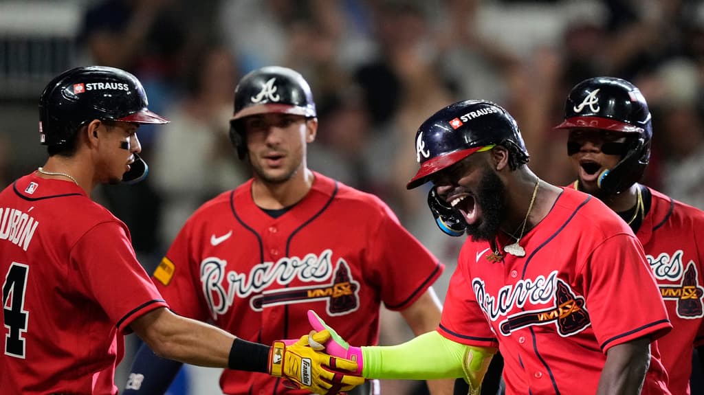 Atlanta Braves' Michael Harris II celebrates his three-run home run