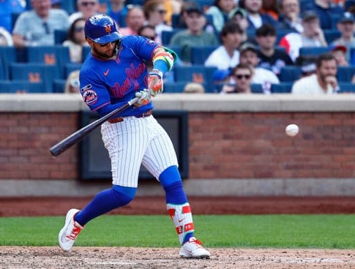 New York Mets' Bo Bichette hits a three-run home run against the San Francisco Giants during the eighth inning of a baseball game, Sunday, Sept. 6, 2026, in New York. (AP Photo/Noah K. Murray) (AP Photo/Noah K. Murray)
