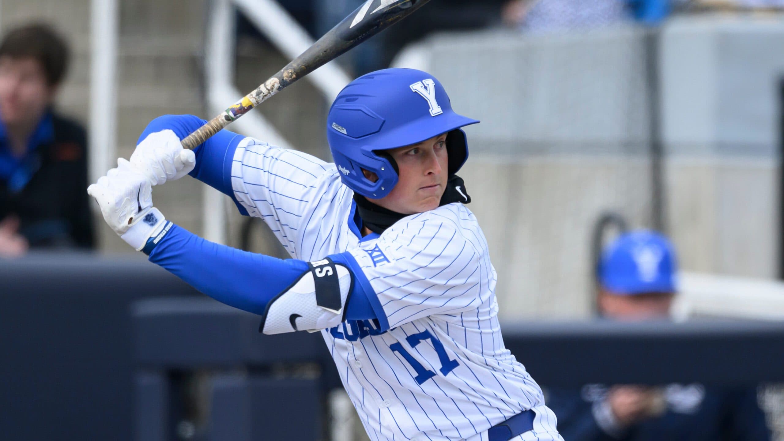 BYU infielder Easton Jones at bat during an NCAA baseball game against California Baptist, on Thursday, March 5, 2026, in Provo, Utah. (AP Photo/Tyler Tate)