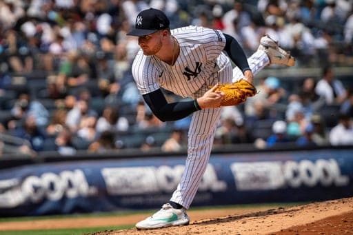 FILE - New York Yankees pitcher Clarke Schmidt (36) throws during the fifth inning of a baseball game against the Athletics, June 28, 2025, in New York. (AP Photo/Angelina Katsanis, File) (AP Photo/Angelina Katsanis)
