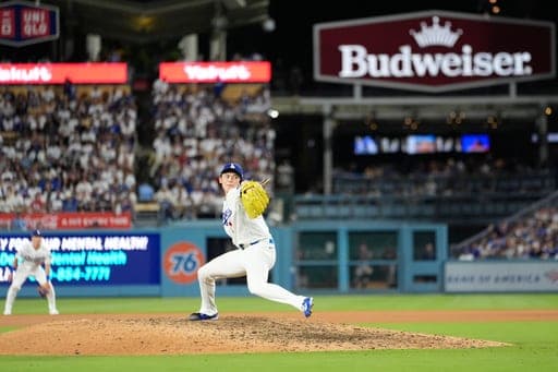 Los Angeles Dodgers pitcher Roki Sasaki works against an Atlanta Braves batter during the eighth inning of Game 2 of a National League Division Series baseball game Sunday, Oct. 4, 2026, in Los Angeles. (AP Photo/Mark J. Terrill) (AP Photo/Mark J. Terrill)