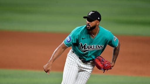 Miami Marlins pitcher Sandy Alcantara throws during the ninth inning of a baseball game against the Atlanta Braves, Sunday, Sept. 27, 2026, in Miami. (AP Photo/Michael Laughlin) (AP Photo/Michael Laughlin)