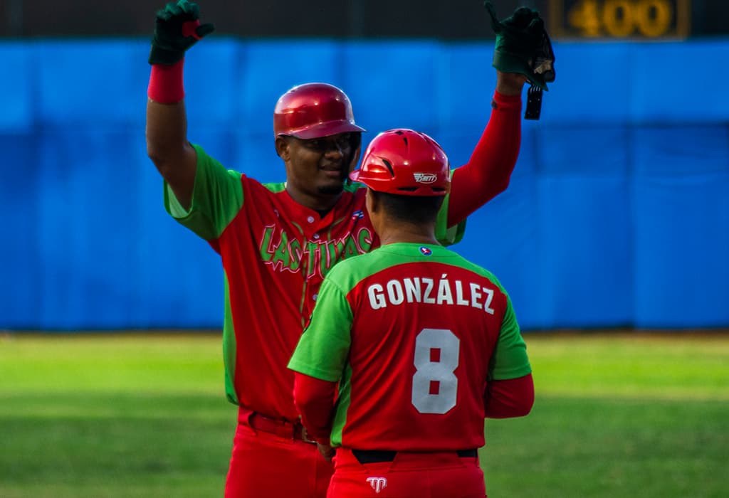 Yosvany Alarcón, catcher for Leñadores de Las Tunas, celebrates during the 2023 Serie Nacional Final against Industriales at Estadio Julio Antonio Mella in Cuba.