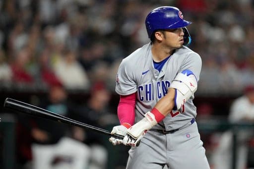 Chicago Cubs' Seiya Suzuki, of Japan, stands in to bat against the Arizona Diamondbacks during the fifth inning of a baseball game, Monday, Aug. 24, 2026, in Phoenix. (AP Photo/Ross D. Franklin) (AP Photo/Ross D. Franklin)