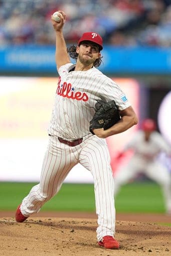 Philadelphia Phillies' Aaron Nola pitches during a baseball game, Wednesday, Sept. 23, 2026, in Philadelphia. (AP Photo/Matt Rourke) (AP Photo/Matt Rourke)