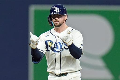 Tampa Bay Rays' Liam Hicks celebrates after his double off Houston Astros pitcher Peter Lambert during the seventh inning of a baseball game Saturday, Sept. 12, 2026, in St. Petersburg, Fla. (AP Photo/Chris O'Meara) (AP Photo/Chris O'Meara)
