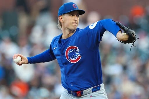 FILE - Chicago Cubs pitcher Ben Brown throws to a San Francisco Giants batter during the first inning of a baseball game, June 13, 2026, in San Francisco. (AP Photo/Scott Marshall, File) (AP Photo/Scott Marshall)