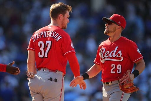 Cincinnati Reds' Tyler Stephenson (37) celebrates with TJ Friedl (29) after a baseball game against the Chicago Cubs, Friday, Aug. 28, 2026, in Chicago. (AP Photo/Melissa Tamez) (AP Photo/Melissa Tamez)