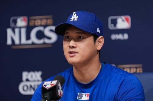 Los Angeles Dodgers' Shohei Ohtani speaks during a news conference ahead of Game 3 of baseball's National League Championship Series against the Milwaukee Brewers, Tuesday, Oct. 13, 2026, in Los Angeles. (AP Photo/Jae C. Hong) (AP Photo/Jae C. Hong)