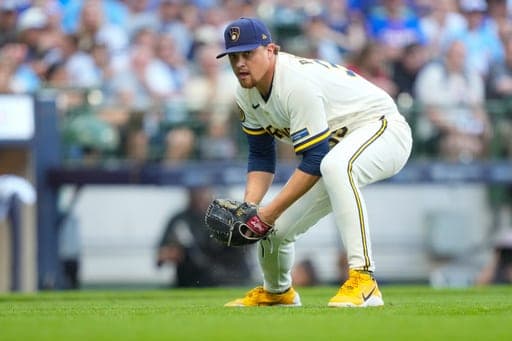 Milwaukee Brewers pitcher Chad Patrick fields a bunt to throw out Chicago Cubs' Matt Shaw at first base during the sixth inning of a baseball game Monday, Sept. 7, 2026, in Milwaukee. (AP Photo/Kayla Wolf) (AP Photo/Kayla Wolf)
