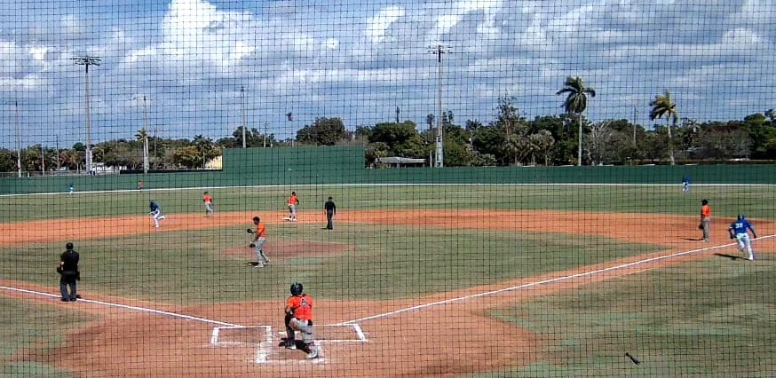 Wide view of Italy vs Netherlands exhibition game at Terry Park in Fort Myers.