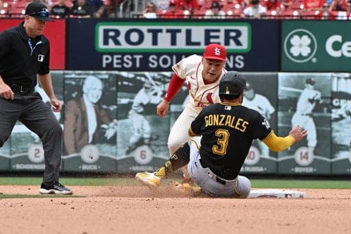 Pittsburgh Pirates' Nick Gonzales is caught stealing by St. Louis Cardinals shortstop JJ Wetherholt during the seventh inning of a baseball game, Saturday, Aug. 29, 2026, in St. Louis. (AP Photo/Jeff Le) (AP Photo/Jeff Le)
