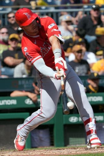 Los Angeles Angels' Mike Trout singles off Pittsburgh Pirates pitcher Paul Skenes during the fifth inning of a baseball game in Pittsburgh, Sunday, Sept. 6, 2026. (AP Photo/Tom E. Puskar) (AP Photo/Tom E. Puskar)