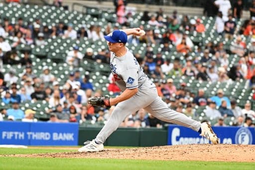 Los Angeles Dodgers relief pitcher Seth Halvorsen throws during the ninth inning of a baseball game against the Detroit Tigers, Sunday, Aug. 30, 2026, in Detroit. (AP Photo/Jose Juarez) (AP Photo/Jose Juarez)