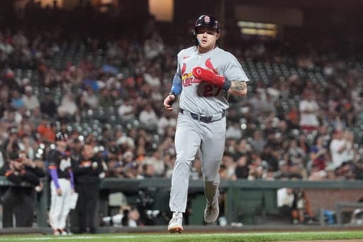 St. Louis Cardinals' Nathan Church runs home to score against the San Francisco Giants during the ninth inning of a baseball game, Tuesday, Sept. 8, 2026, in San Francisco. (AP Photo/Jeff Chiu) (AP Photo/Jeff Chiu)