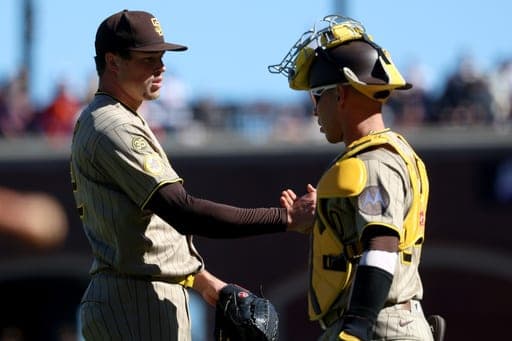 San Diego Padres pitcher Mason Miller, left, and Luis Campusano, right, celebrate their team's victory against the San Francisco Giants during a baseball game in San Francisco, Saturday, Sept. 12, 2026. (AP Photo/Jed Jacobsohn) (AP Photo/Jed Jacobsohn)