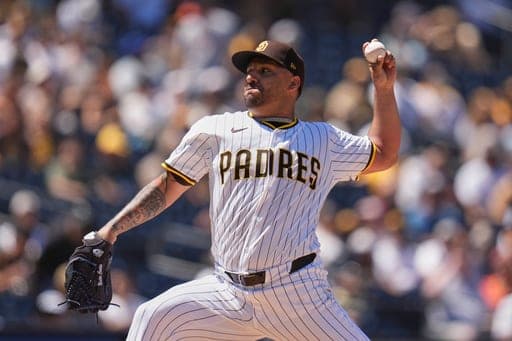 FILE - San Diego Padres starting pitcher Nestor Cortes works against a Baltimore Orioles batter during the second inning of a baseball game Sept. 3, 2025, in San Diego. (AP Photo/Gregory Bull, File) (AP Photo/Gregory Bull)
