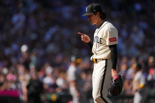 Seattle Mariners starting pitcher Bryan Woo reacts during the eighth inning of a baseball game against the Athletics, Sunday, Sept. 6, 2026, in Seattle. (AP Photo/Eric Hiller) (AP Photo/Eric Hiller)