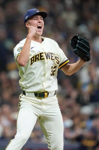 Milwaukee Brewers' Jacob Misiorowski reacts after striking out San Diego Padres' Luis Campusano during the fourth inning in Game 1 of a National League Divisional baseball playoff series Saturday, Oct. 3, 2026, in Milwaukee. (AP Photo/Kayla Wolf) (AP Photo/Kayla Wolf)