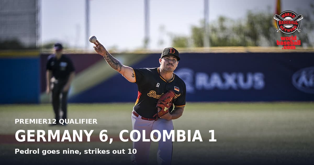Germany right-hander Christian Pedrol delivers a pitch against Colombia at the Premier12 Barcelona Qualifier.