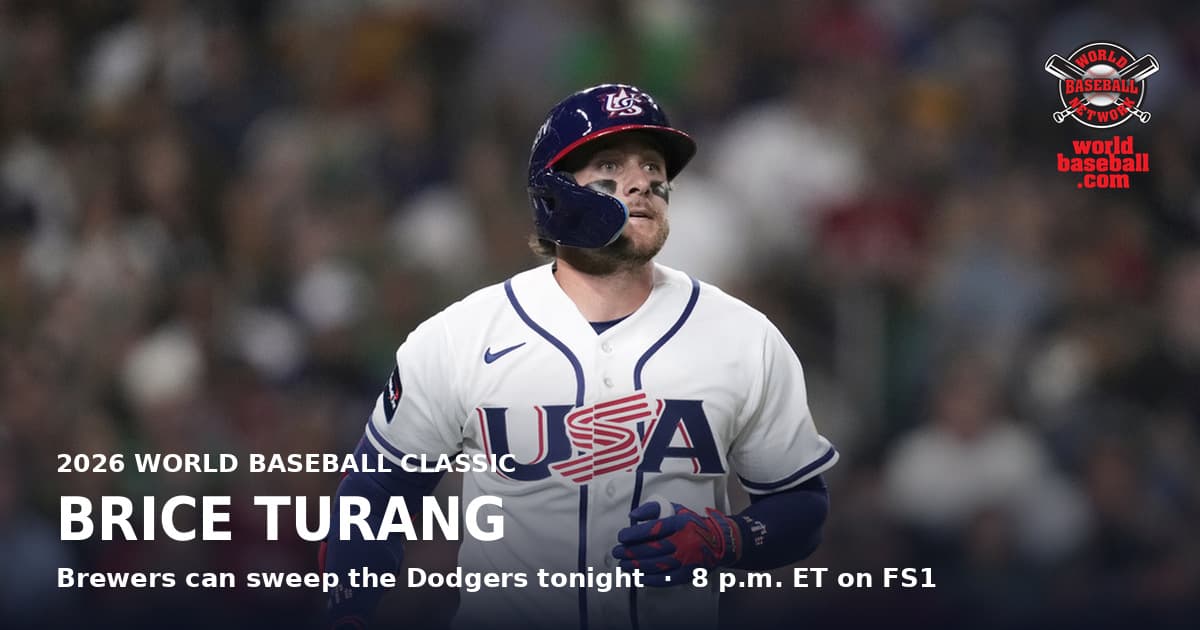 United States’ Brice Turang runs to first base during a World Baseball Classic gam