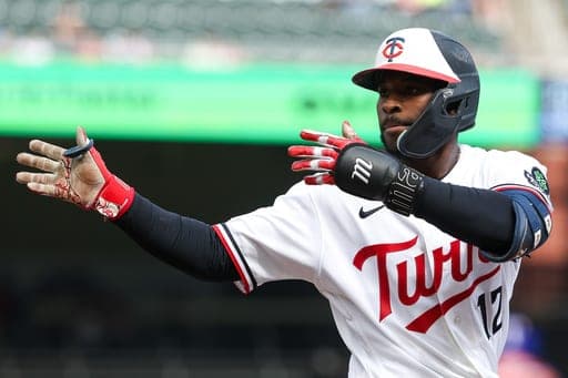 Minnesota Twins' Kaelen Culpepper celebrates a single against the Texas Rangers during the first inning of a baseball game, Sunday, Sept. 27, 2026, in Minneapolis. (AP Photo/Matt Krohn) (AP Photo/Matt Krohn)