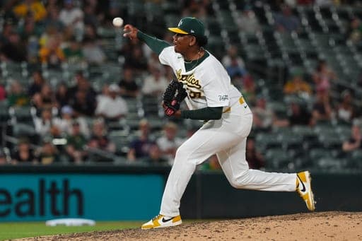 Athletics pitcher Elvis Alvarado (37) throws in the eighth inning of a baseball game against the Minnesota Twins Tuesday, Aug. 25, 2026, in West Sacramento, Calif. (AP Photo/Alan Greth) (AP Photo/Alan Greth)