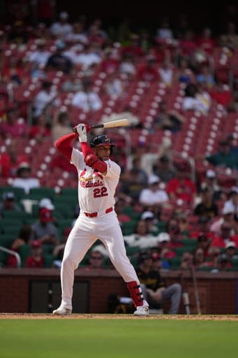 St. Louis Cardinals' Joshua Báez bats during the ninth inning of a baseball game against the Pittsburgh Pirates Sunday, Aug. 30, 2026, in St. Louis. (AP Photo/Jeff Roberson) (AP Photo/Jeff Roberson)