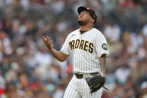 San Diego Padres pitcher Bradgley Rodriguez celebrates after striking out a Washington Nationals batter in the seventh inning of a baseball game Monday, Sept. 7, 2026, in San Diego. (AP Photo/Karl Anderson) (AP Photo/Karl Anderson)