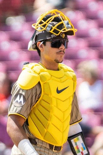 San Diego Padres catcher Ethan Salas (8) looks on during the second inning of a baseball game against the Cincinnati Reds, Wednesday, Sept. 2, 2026, in Cincinnati. (AP Photo/Tony Wagner) (AP Photo/Tony Wagner)