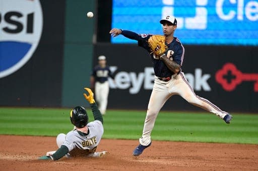 Cleveland Guardians' Brayan Rocchio, right, forces out Athletics' Henry Bolte, left, at second base and throws to first to complete a double play during the eighth inning of a baseball game, Friday, Sept. 18, 2026, in Cleveland. (AP Photo/Phil Long) (AP Photo/Phil Long)