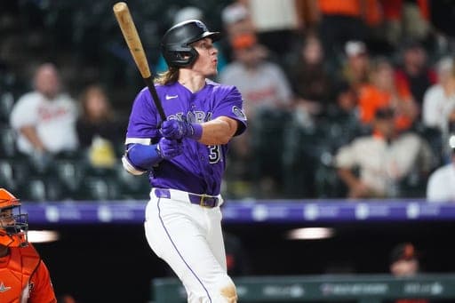 Colorado Rockies' Jake McCarthy follows the flight of his fly out to end a baseball game against the Baltimore Orioles Monday, Aug. 31, 2026, in Denver. (AP Photo/David Zalubowski) (AP Photo/David Zalubowski)