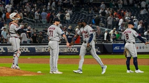Houston Astros' players celebrate after winning a baseball game against the New York Yankees, Thursday, Aug. 27, 2026, in New York. (AP Photo/Eduardo Munoz Alvarez) (AP Photo/Eduardo Munoz Alvarez)