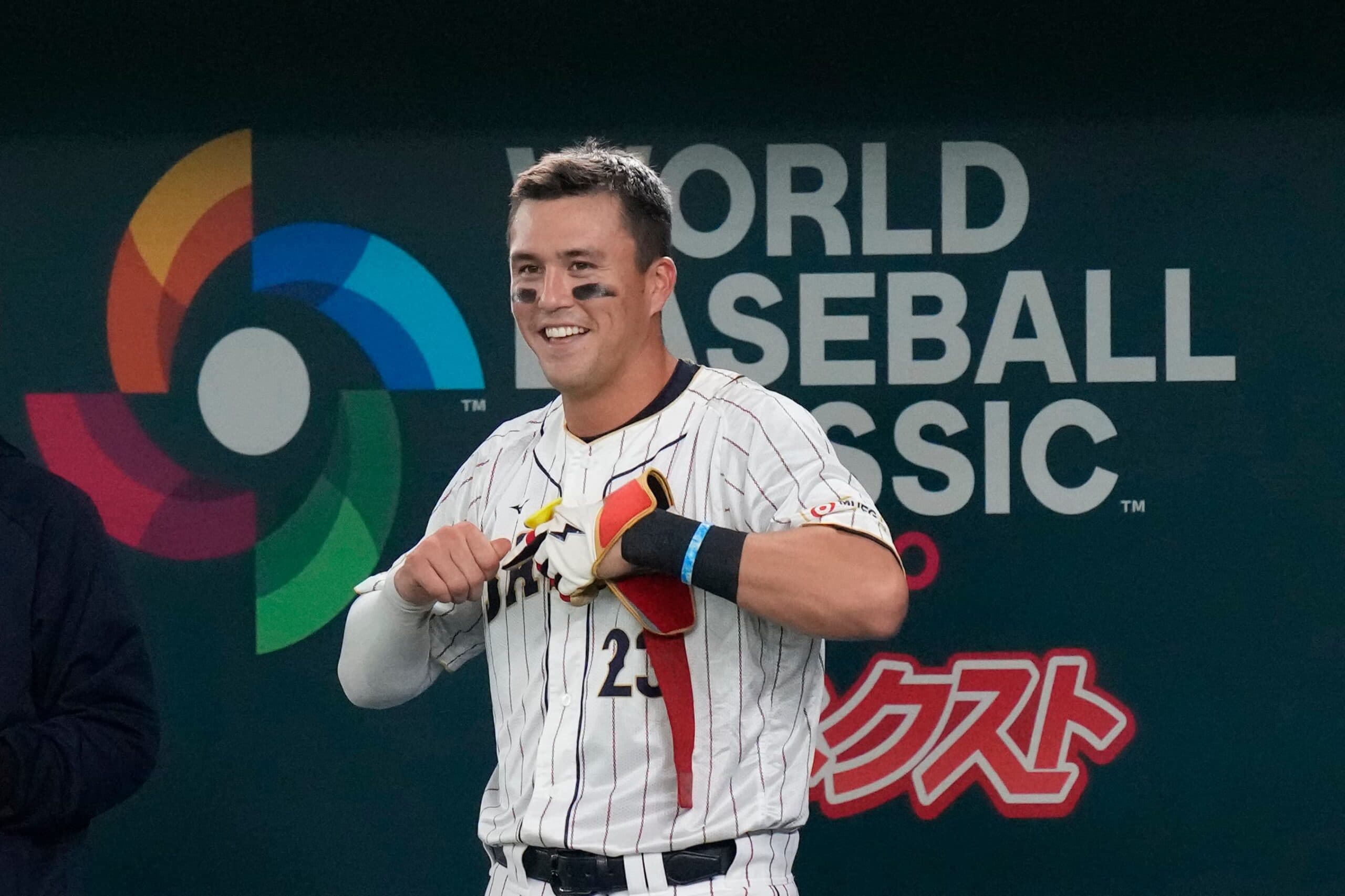 Lars Nootbaar of Japan smiles after a strike out by Italy's pitcher Joey Marciano during the sixth inning of the quarterfinal game between Italy and Japan at the World Baseball Classic (WBC) at Tokyo Dome in Tokyo, Japan, Thursday, March 16, 2023.