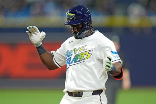 Tampa Bay Rays' Jorge Mateo celebrates his single off San Diego Padres pitcher Griffin Canning during the seventh inning of a baseball game Friday, Aug. 28, 2026, in St. Petersburg, Fla. (AP Photo/Chris O'Meara) (AP Photo/Chris O'Meara)