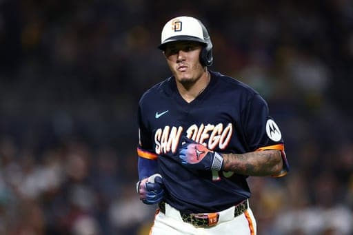 San Diego Padres designated hitter Manny Machado reacts after flying out in the eighth inning of a baseball game against the Arizona Diamondbacks Friday, Sept. 25, 2026, in San Diego. (AP Photo/Karl Anderson) (AP Photo/Karl Anderson)